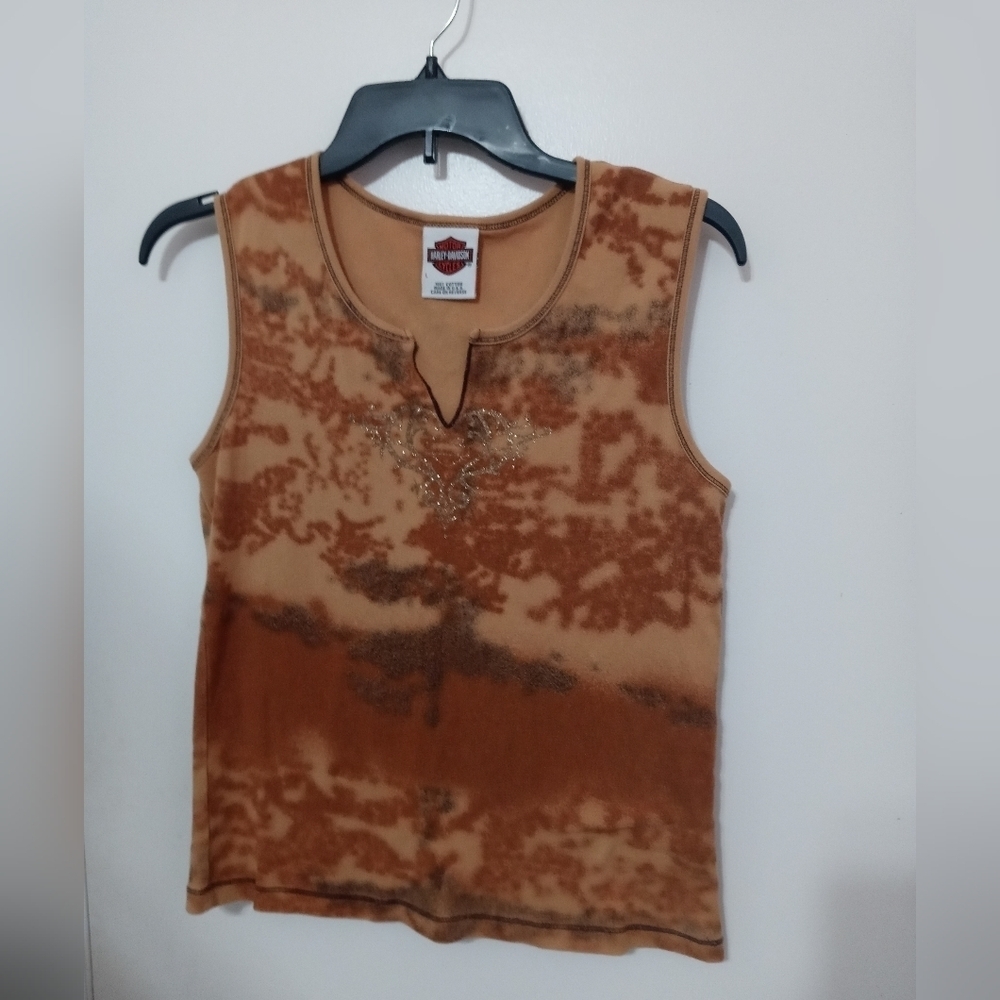 Harley-davidson Sleeveless Tie Dye V Neck Shimmer Front Lima Ohio Tank Top